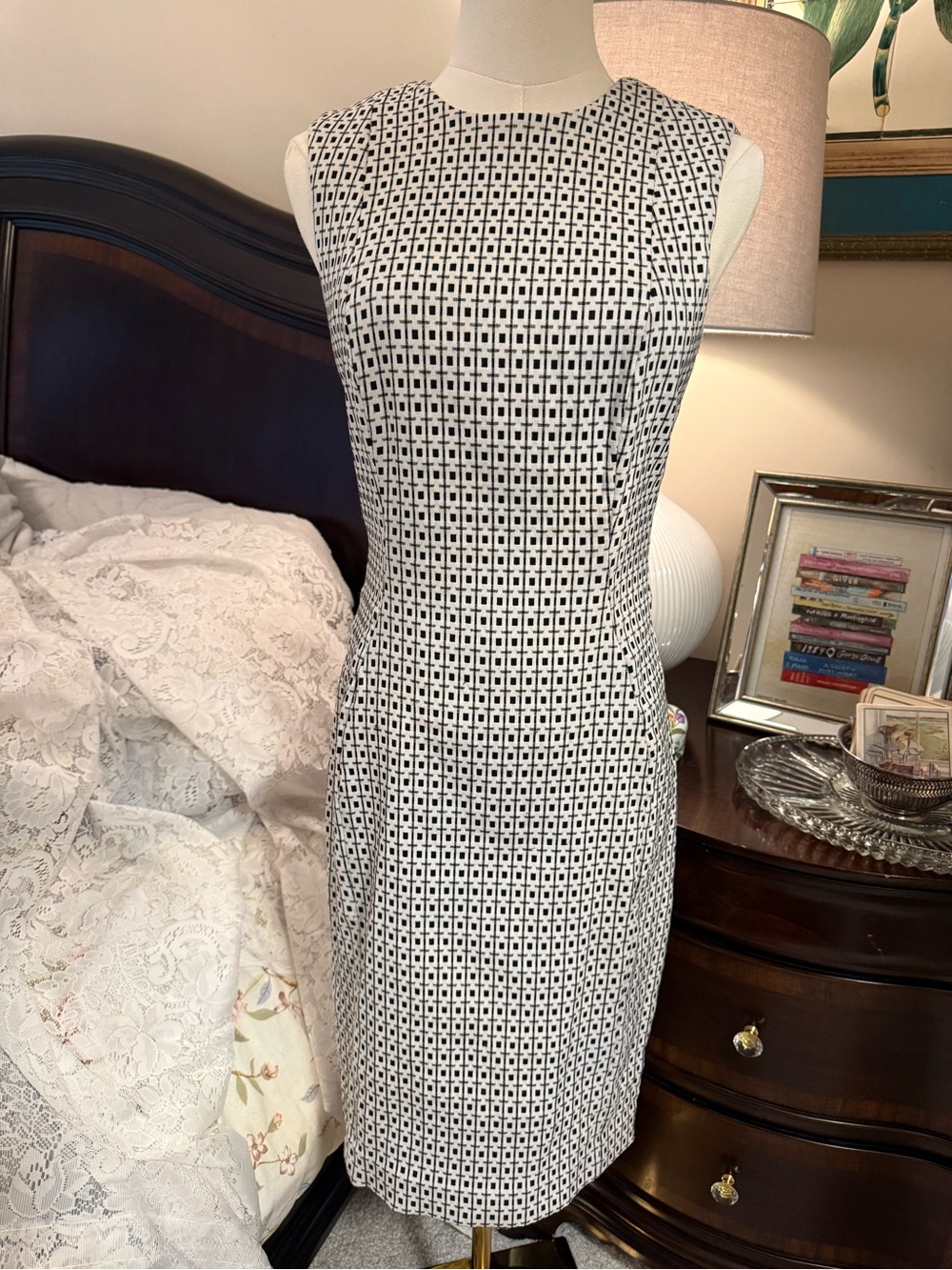 Calvin Klein Black and White Geometric Midi Sheath Dress